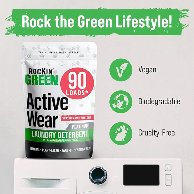 Rockin' Green Laundry Detergent, Plant based, All Natural Laundry Detergent Powder, Vegan and Biodegradable Odor Fighter, Safe for Sensitive Skin (Active Wear 90 Loads - Smashing Watermelons)