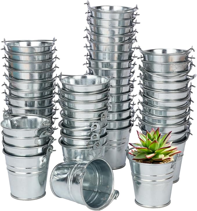 50 Pack 2.1 Inch Mini Metal Buckets with Handle, Galvanized Mini Tin Buckets, Small Iron Bucket, Mini Metal Pail for DIY Project, Holiday, Party, Home Decoration
