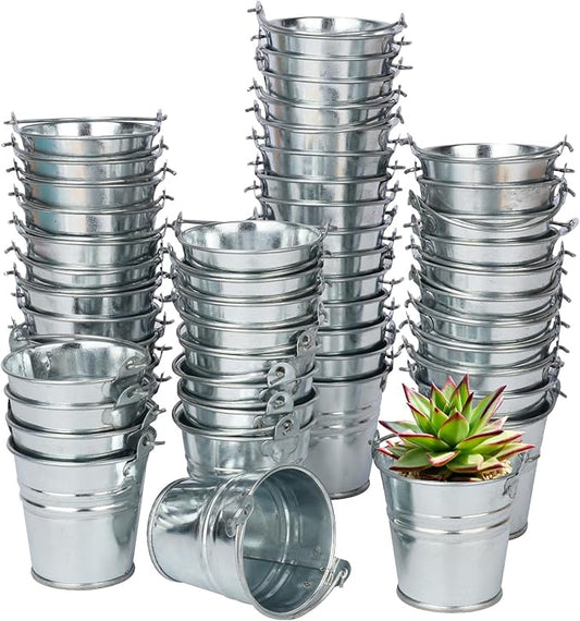 50 Pack 2.1 Inch Mini Metal Buckets with Handle, Galvanized Mini Tin Buckets, Small Iron Bucket, Mini Metal Pail for DIY Project, Holiday, Party, Home Decoration