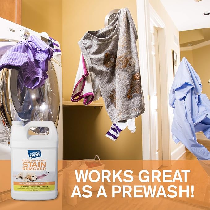 Motsenbocker's Lift Off 40601-4PK Food, Drink, and Pet Stain Remover Eliminates Tough Stains from Multiple Surfaces, Excellent as a Pre-Wash Laundry Treatment, Water-Based, 1 Gallon, Pack of 4