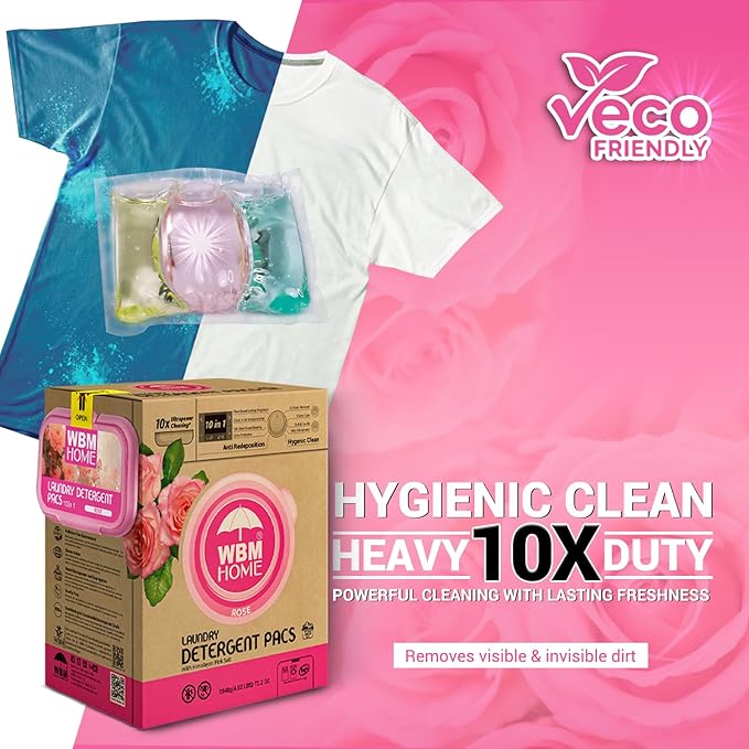 WBM 10-in-1 Laundry Pods, Total 128 Count, High Efficiency, Ultra Concentrate with Powerful Stain Lifter Technology, Fabric Softener With Rose Extracts, Detergent Pods