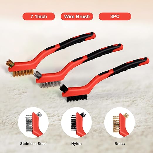 MAXMAN Wire Brush Set 3Pcs, Small Wire Brushes for Cleaning, Rust Remover, Scrub Brush, Detailing Brush, Metal Brush, Stainless Steel/ Brass/ Nylon Bristles Bristle Brush, Scratch Brush, (Red)