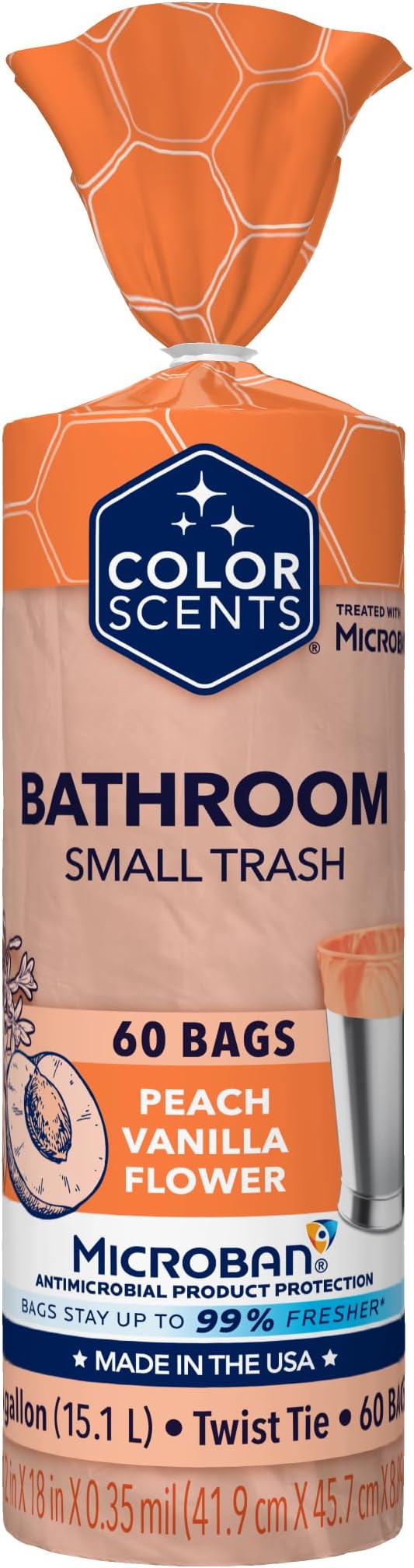 Color Scents Small Trash Bags - 4 Gallon, 60 Bags (1 Pack of 60 Count), Twist Tie - Peach Fuzz in Peach Vanilla Flower Scent with Microban