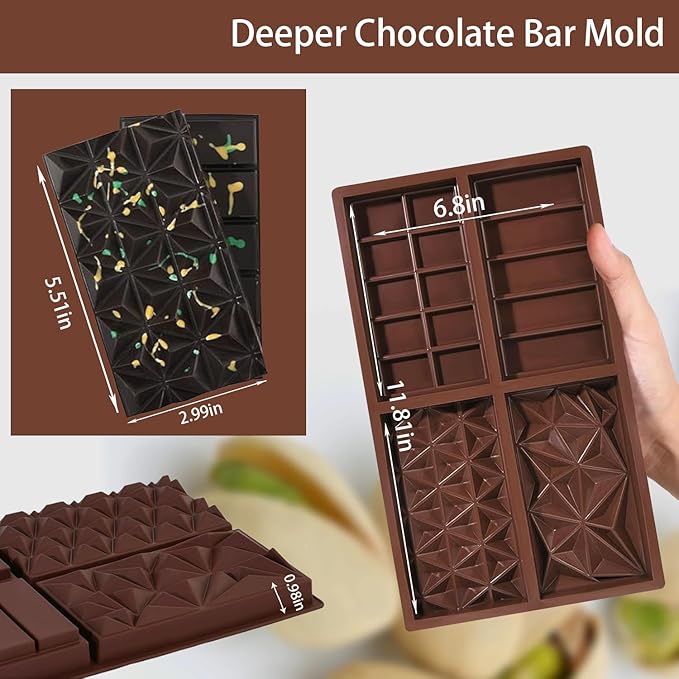 Dubai Chocolate Bar Mold，1 inch Deep Chocolate Mold Kit, Silicone chocolate molds for Filling Pistachio,Granola bar, Protein Energy Bar,Food Grade Candy Molds