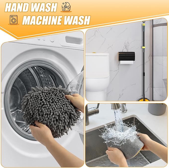 Wall Cleaner Mop with Long Handle, Wall Duster for Walls Baseboards Ceilings Floor Cleaning,Telescoping Ceiling Mops with Washable Mop Pads,Yellow