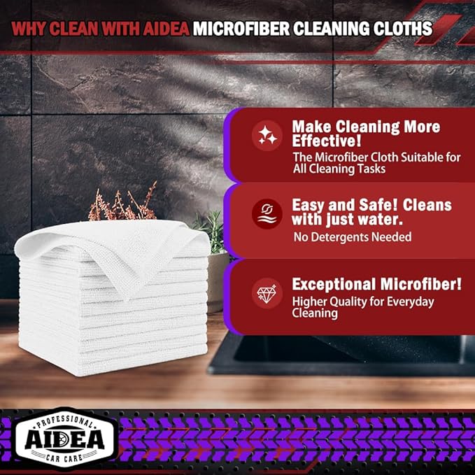AIDEA Microfiber Cleaning Cloth White 20PK, Microfiber Towels for Cars, Premium Car Cloths, Dusting Cloth Lint Free Cleaning Rags for SUVs, House, Kitchen, Window, Workshops,12×12"