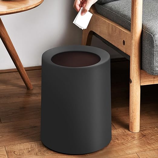 2 Pack Round Modern Trash Can Bedroom, 3Gal/12L Bathroom Trash Can Hidden Bag, Open Top Trash Bin Round Plastic, Minimalist Black Garbage Can with Inner Bucket (with 2 Handles) for Kitchen Office