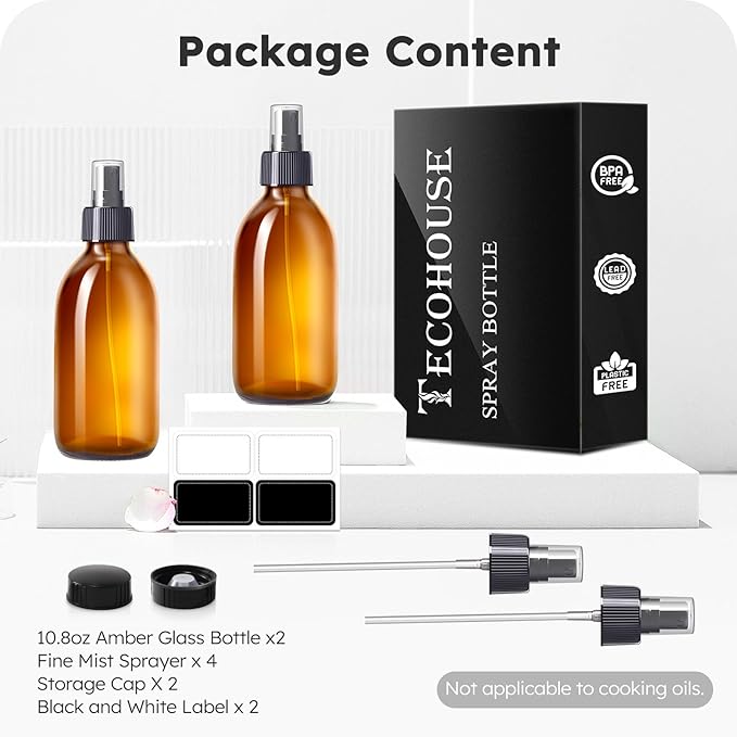 Tecohouse Amber Glass Spray Bottles 10.8oz, 2 Pack Empty Spray Bottle for Essential Oils, Small Glass Bottles for Cleaning Solutions, Plants, Hair with Durable Nozzle, Labels, Funnel
