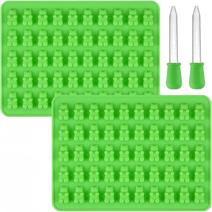 2 Piece Gummy Bear Silicone Molds, Non-Stick Chocolate Candy Mold with 2 Droppers Food Grade (Green)