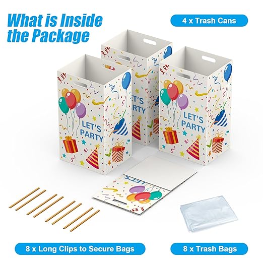 13 Gallon Disposable Trash Cans with Built-in Handles, 4 Pack Extra Large Portable Trash Can, Waterproof Layer Reusable Garbage Cans, Extra-Thick Cardboard Recycling Bins, Perfect for Parties,Colorful