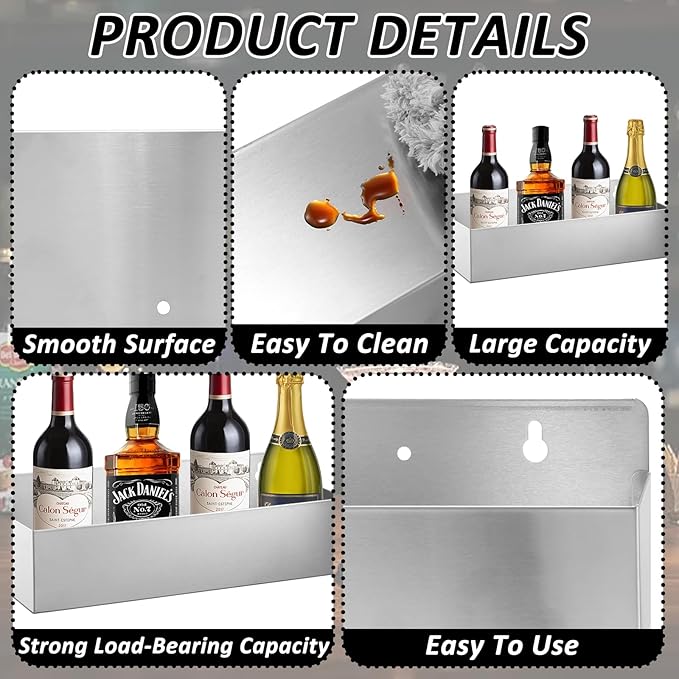 2 PCS 15 Inch Single Speed Rail Stainless Steel Liquor Bottle Holder Wall Mounted Spray Bottle Rack Drink Rail Shelf for Bars, Restaurants