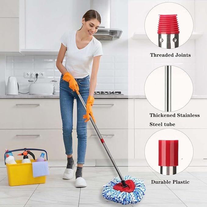 Spin Mop Replace Heads for O Cedar Rinse Clean 2 Tank System, Spin Mop Replacement Head 2 Microfiber Mop Refills, 1 Triangle Head Cover and 30-58in Handle