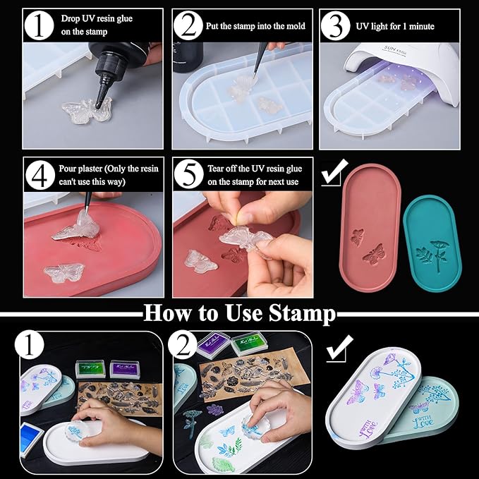 Silicone Tray Molds for Epoxy Resin Mold Tray with Sides 2 PCS Butterfly Carved Jewelry Trinket Dish Concrete Plaster Mould Large Oval Storage Plate Coaster Container Cement Moulds with Clear Stamps
