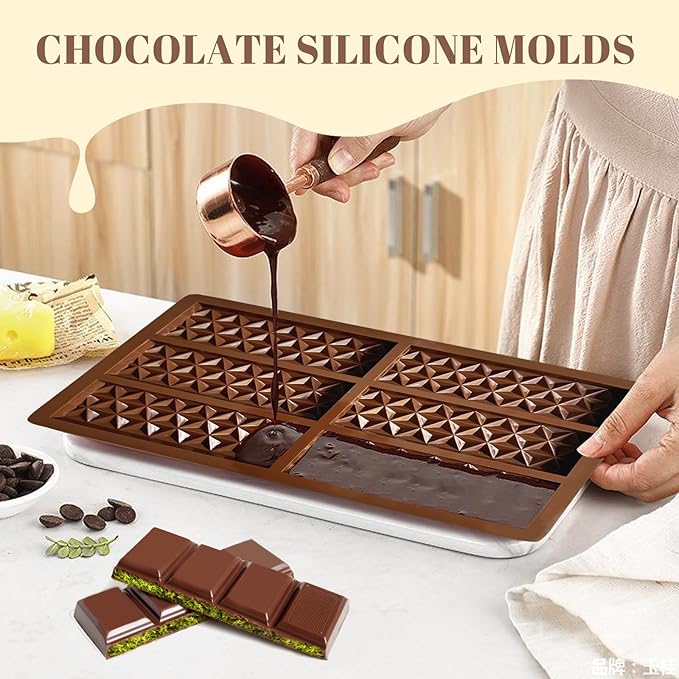 2 Pack Chocolate Bar Mold Deep for Stuffed Bar, Non-Stick Thick Chocolate Molds, Silicone Chocolate Candy Molds for Knafeh Pistachio Chocolate Bar, Candy, DIY Handmade Gifts (2 Pcs Diamond)