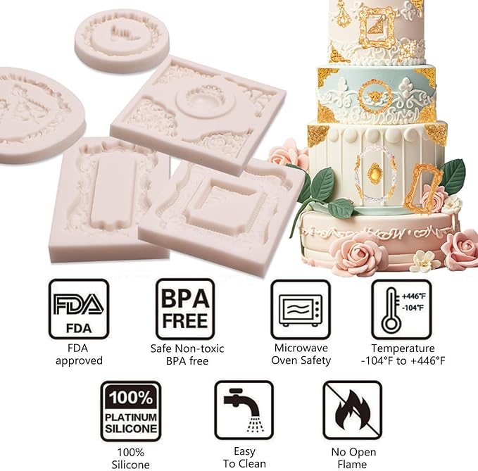 Mini Picture Fondant Silicone Molds Baroque Vintage Photo Frame Silicone Molds for Chocolate Resin Clay Cake Decorating, Set of 5