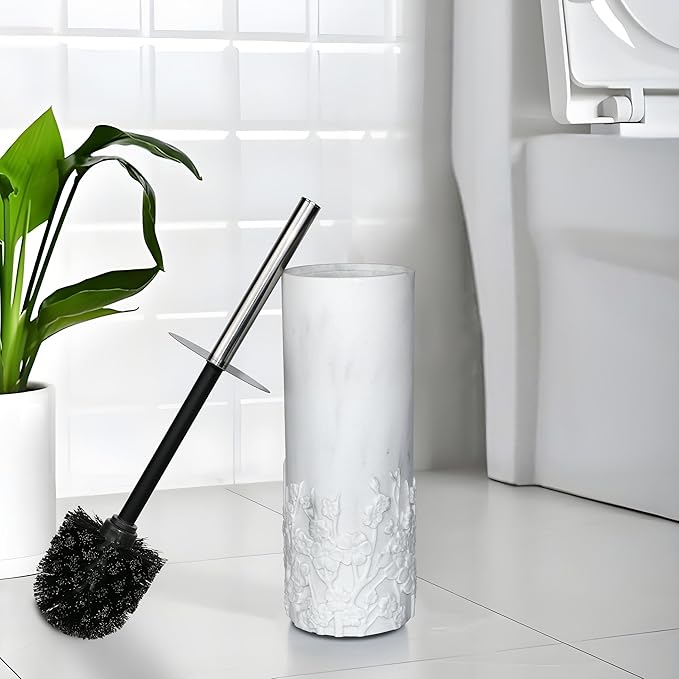 Marble Cherry Blossom Design Resin Toilet Brush and Holder Set for Bathroom, Stylish Design with Durable Bristles and Compact Storage