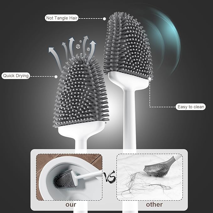 Sellemer Toilet Brush and Holder Set - Flexible Toilet Bowl Brush Head with Silicone Bristles, Compact Size for Storage and Organization, Ventilation Slots Base (1 Pack, White)