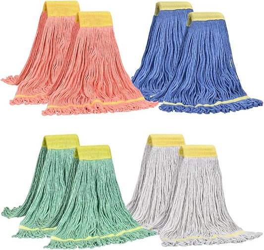 Matthew Cleaning Heavy Duty Mop Head Replacement, 5 Inch Wide Headband, Color Coded Looped End Cotton String Wet Mops for Floor Cleaning, Large Size 24 oz, 8 Pack