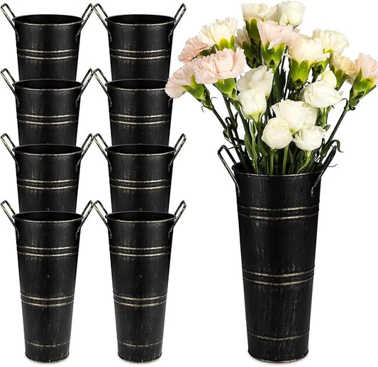 8 Pcs Galvanized Bucket Flower Bar, 9 Inch Flower Bucket and Metal Vase with Handles, Flower Bar Supplies and Buckets Farmhouse Vases for Wedding and Cut Flower (Black, 8 Pcs 9inch)