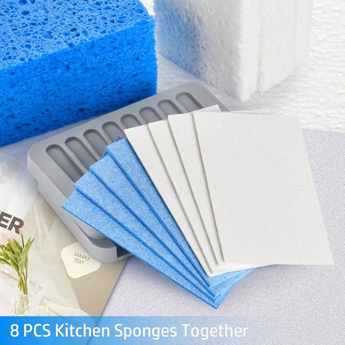 Mcyye 8PCS Compressed Kitchen Sponges Pack for Household Use, Premium Dish Sponges Kitchen Natural, Non Scratch Cleaning Sponges for Dishes, Dishwashing Brushes, Save Space, Blue & White Sponge