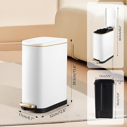 Bathroom Trash Can with Soft-Close Lid 3.5 Gallon Stainless Steel Garbage Can with Removable Inner Bucket Slim Trash Bins for Bedroom, Office(Matte White)