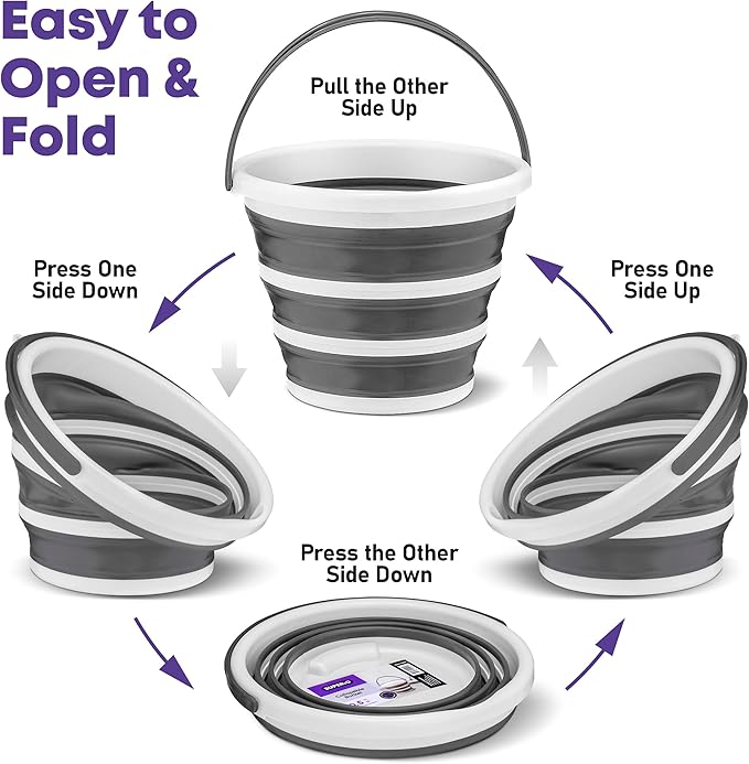 Superio Collapsible Bucket 2 Gallon Bucket with Handle Grey Car Wash Bucket Small Foldable Silicone Pail for Camping, Fishing, Cleaning, Mopping, 10 Liter, 2