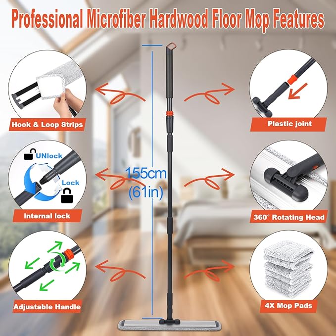 18 Professional Microfiber Mop Large Flat Mops for Floor Cleaning 4 Reusable Washable mop Pads Hardwood Cleaning System Wet and Dust Mop with 61in Long Stainless Steel Handle