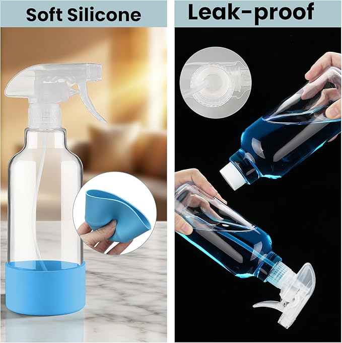 Glass Spray Bottles with Silicone Sleeve, 2 Pack 16.9oz Refillable Containers with Adjustable Spray Nozzles, Empty Spray Bottle for Cleaning Solutions, Hair, Plants (Blue+Grey)