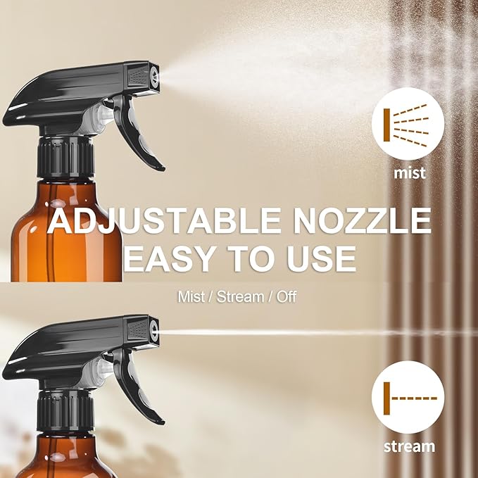 Spray Bottles 2-Pack, 10 Oz, Mist & Stream, Heavy Duty Spraying Empty Water Sprayer Bottle, BPA Free Plastic Refillable Containers for Cleaning Solutions, Plants, Hair, Essential Oils (Amber)