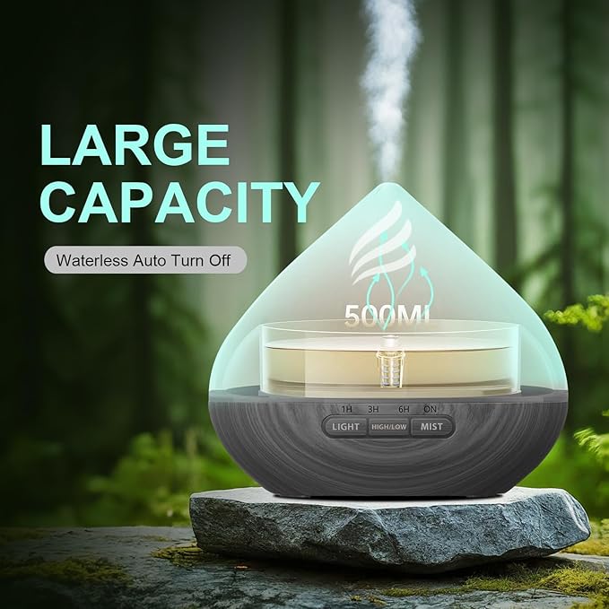 Essential Oil Scent Diffuser: 500ML Aroma Diffuser with Remote Control, Large Fragrance Aromatherapy Diffuser for Bedroom Home, Mist Humidifier with 14 Colors LED Lights and waterless Auto-Off, Grey