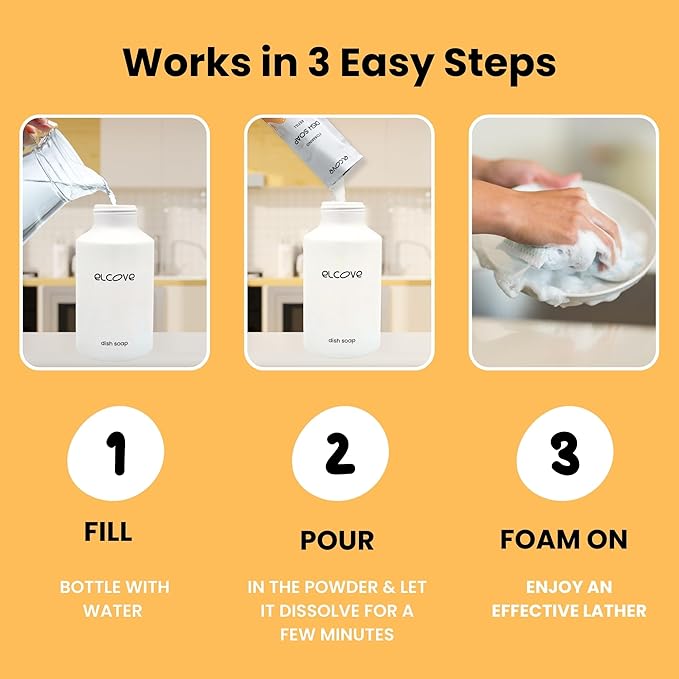 Eco Friendly Foaming Dish Soap Starter Set, Reusable Aluminum Soap Dispenser, Zero Waste, Non Toxic, Concentrated Powder Dish Soap Refill (Pack of 3) Make 36 oz of Foaming Dish Washing Liquid