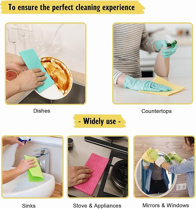 Swedish Dishcloths for Kitchen | 6 Pack Absorbent Cellulose Sponge Cloths Washable | Non-Scratch Reusable Paper Towels Quick Drying Cleaning Cloths - Lime Green