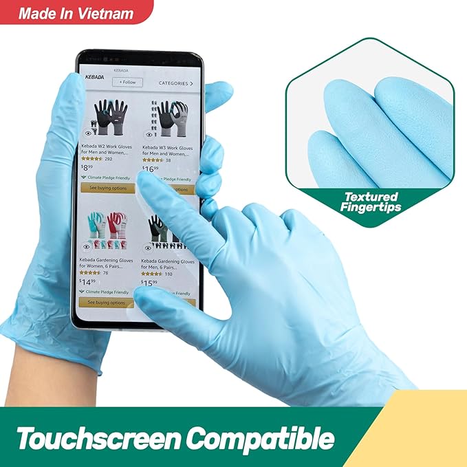 Kebada Nitrile Gloves D1, Nitrile Disposable Gloves for Cleaning, Food Prep, Industrial Grade, Non-Sterile, Food Safe, Powder & Latex Free, Touchscreen, Blue, 1000 CT, Small (Made in Vietnam)