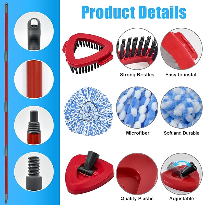 Mop Replace Head Mop Handle for O Cedar Mop, Mop Replacement for Ocedar Spin Mop Includes 2 Mop Heads Replacements 4-Section Mop Handle 1 Mop Base 1 Scrubber Mop Head for O-Cedar Spin Mop