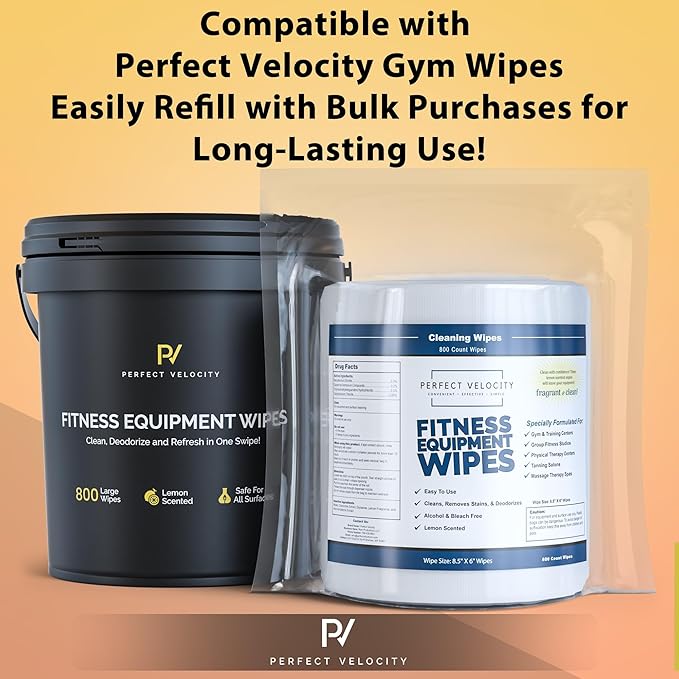 Fitness Equipment Wipes with Reusable Bucket Dispenser - 800 Pre-Moistened Lemon Scented Multi-Surface Wet Wipes - All Purpose Gym Cleaner for Yoga Mats & Exercise Equipment