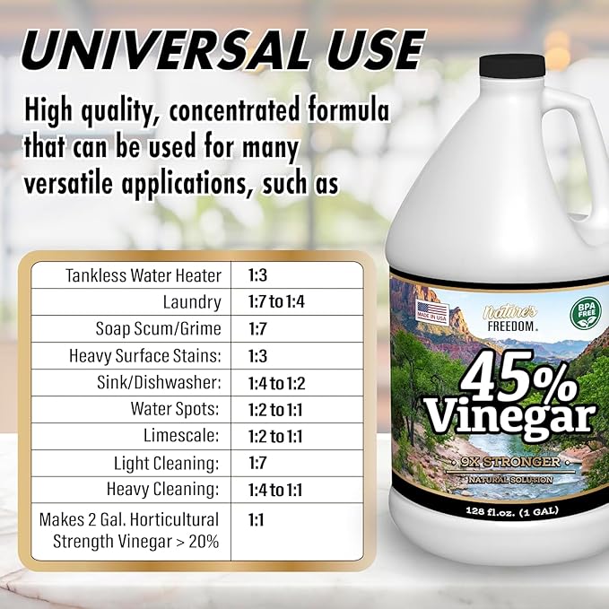 Nature's Freedom 45% Concentrated Vinegar, 1 Gallon with “How to Use Vinegar” Cleaning Book – Industrial Strength Multi-Purpose Cleaner