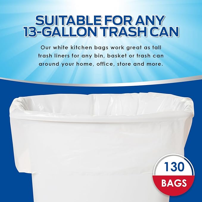 PAMI 13-Gallon Tall Garbage Bags [130-Pack, White] With Twist Ties - Unscented, Odor-Control Trash Can Liners - Strong Multipurpose Plastic Trash Bags For Kitchen, Bathroom, Office