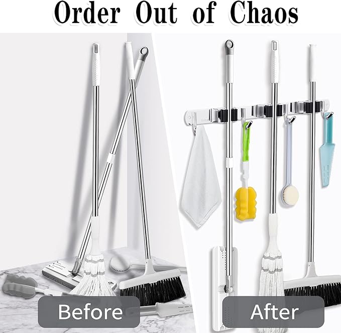 3 Racks and 4 Hooks Broom and Mop Holder Wall Mounted Garage Organizer Storage Tool Racks Stainless Steel Heavy Duty Hooks Self Adhesive Solid Non-slip Wall Hangers for Home Kitchen Garden Laundry