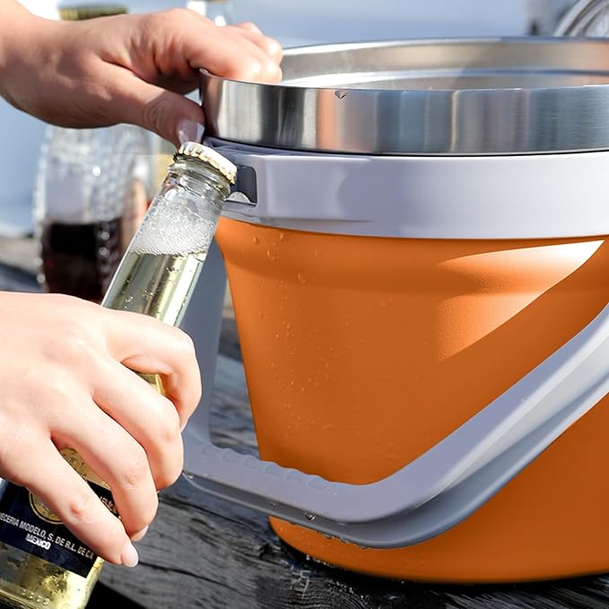 COKTIK 7L Insulated Ice Bucket with Lid，Double Wall Vacuum Stainless Steel Beverage Bucket Keeps Frozen Longer，Holds 6 Longnecks or 3 Bottles of Wine，for Cocktail, Champagne, Large Parties(Orange)