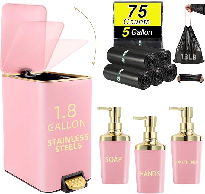 Small Bathroom Trash Can with Lid Soft Close, 1.8 Gallon Stainless Steel Garbage Can with Removable Inner Bucket,3PCS Soap Dispenser,75Count Trash Bag, Slim Step Pedal Trash Bins