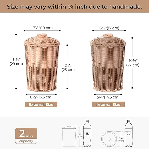 GRANNY SAYS Wicker Small Bathroom Trash Can with Lid, 2 Gallon Cute Decorative Waste Basket for Bedroom and Dorm, Office Garbage Cans for Under Desk, Mini Round Trash Bin for Decor, Nude Color