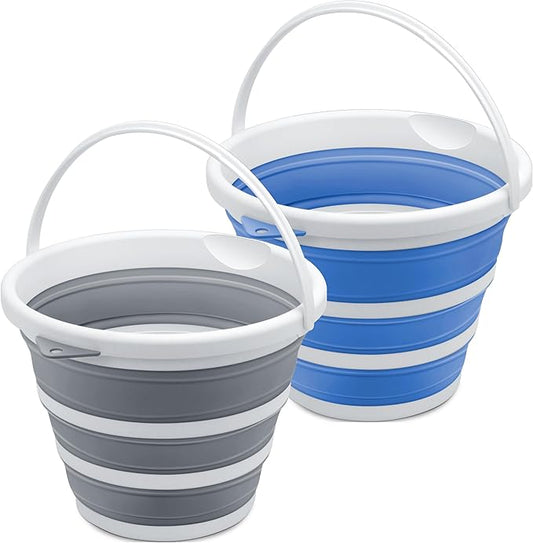 2-Pack Collapsible Bucket 2.6 Gal/10L, BPA-Free - Space-Saving, Portable Foldable Water Pail for Versatile Use, Home, Outdoors, Car Wash, Camping, Fishing - Dual Colors Grey & Blue
