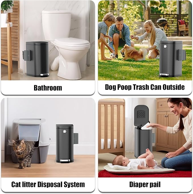 Dog Poop Trash Can Outside with Odor Control Lid & Step Pedal, 3.2Gal Stainless Steel Outdoor Trash Can, Waterproof Dog Waste Container - Includes 3 Carbon Filters & Bin Bag Holder