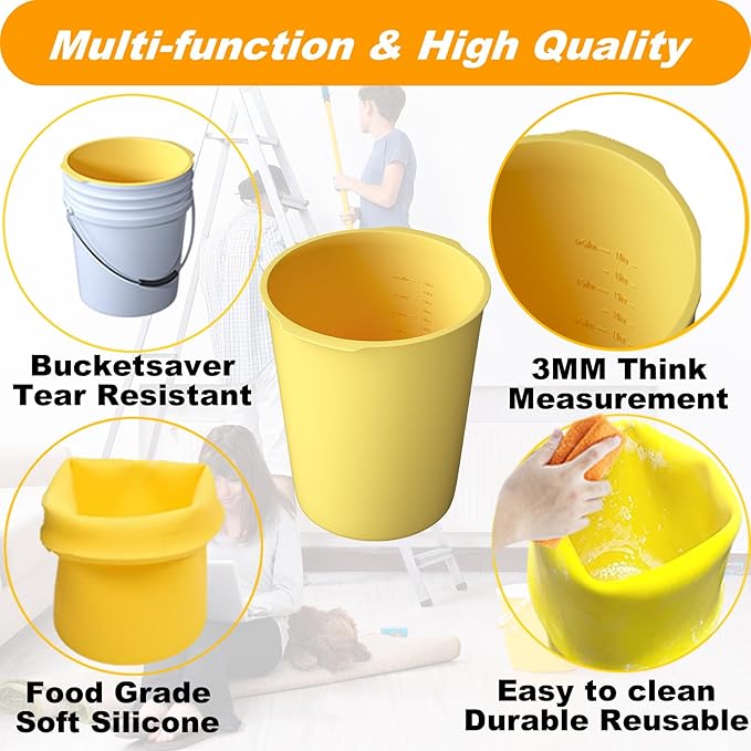 5 Gallon Reusable Bucket Liner, Time Saving Concrete Tools Durable Silicone Bucket Insert, Food Grade Container for Food Storage, for Paint, Thinset, Ice, Slime, Cleaning, Wall Patch Compound (Yellow)
