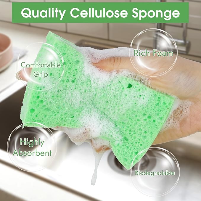12 PCS Dish Sponges Kitchen, Non Scratch Cleaning Sponge for Non Stick Cookware, Natural Compressed Cellulose Wash Scrub for Household Bathroom, Soft Washing Scrubbers (Green)