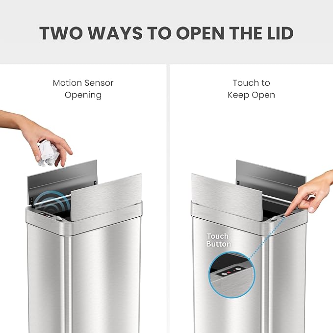 iTouchless 68 Liter / 18 Gallon Wings-Open Lid Sensor Kitchen Trash Can with Odor Filter, Dog-Proof Slim Automatic Large Capacity Stainless Steel Garbage Recycling Bin for Home Office Business Garage