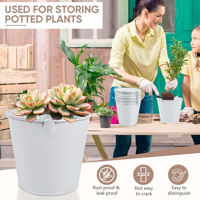 OBTANIM 7 Pack White Metal Buckets with Handle Galvanized Ice Pails for Plants, Succulents, Party Favors Organizing, Rustic Home Decor or Classrooms Pencil Storage (6 x 4.4 inch)