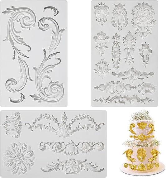 3Pcs Baroque Embossed Cake Decorating Mold, Silicone Flower Fondant Molds Cake Border Fondant Molds for Chocolate Candy Mousse Butter Biscuit Marzipan Sugar Craft Cakes 7.7 * 4.7 * 0.35 Inch