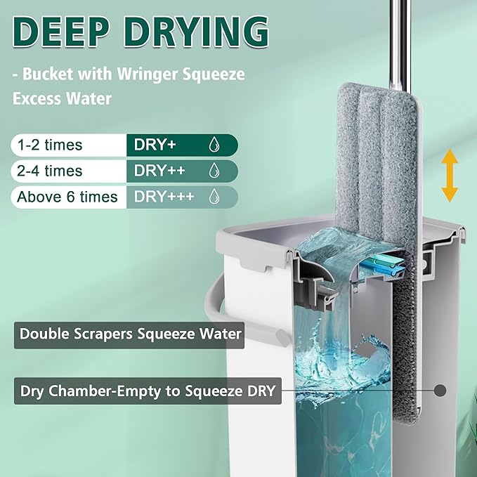 Mop and Bucket with Wringer Set, Hands Free Flat Floor Mop and Bucket, 3 Washable Microfiber Pads Included, Wet and Dry Use, Home Floor Cleaning System for All Floor Types and Windows
