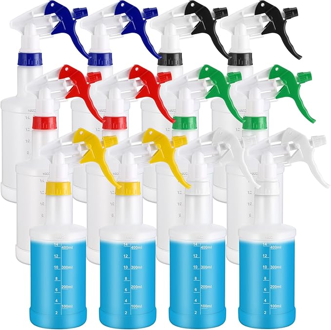 Eccliy 12 Pcs 16 Oz Plastic Spray Bottle, Adjustable Empty Reusable Sprayer for Cleaning, Planting, Water, Bathroom and Kitchen, BBQ, Commercial and Residential(Multicolor,Measurement)